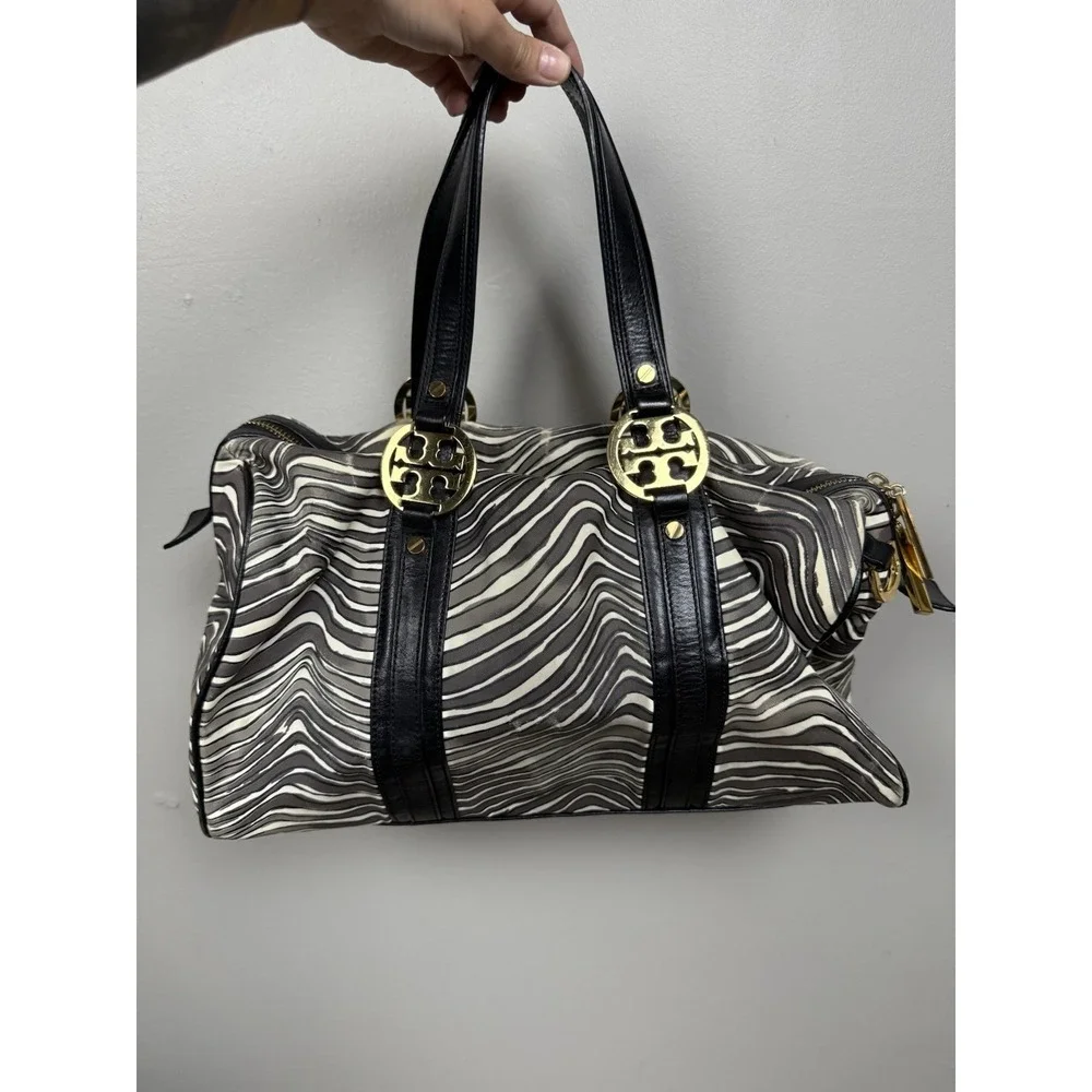 Tory Burch‎ Zebra Stripe Satchel Shoulder Bag Leather Trim Gold Logo Y2K Style